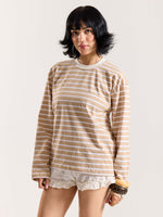 Load image into Gallery viewer, Beige & White Striped Loose Fit Cropped T-Shirt