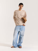 Load image into Gallery viewer, Beige & White Striped Loose Fit Cropped T-Shirt