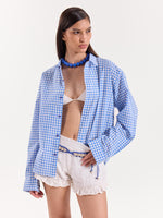 Load image into Gallery viewer, Blue Gingham Cropped Shirt