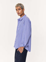Load image into Gallery viewer, Blue & Black Striped Oversized Cropped Shirt