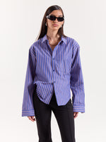 Load image into Gallery viewer, Blue & Peach Striped Poplin Cropped Shirt