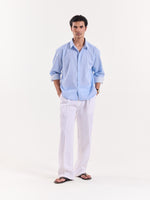 Load image into Gallery viewer, Blue & White Pinstriped Linen Cropped Shirt