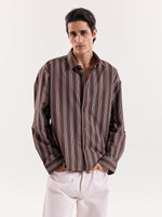 Load image into Gallery viewer, Brown Retro Striped Poplin Cropped Shirt