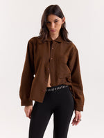 Load image into Gallery viewer, Brown & Black Striped Seersucker Cropped Shirt