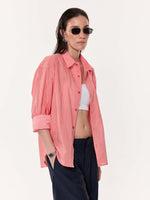 Load image into Gallery viewer, Coral Red Striped Oversized Cropped Shirt