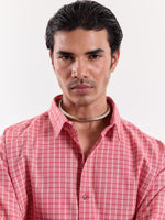 Load image into Gallery viewer, Coral & Cream Grid Checkered Cropped Shirt