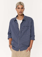 Load image into Gallery viewer, Deep Blue Checkered Oversized Cropped Shirt