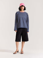 Load image into Gallery viewer, Deep Navy & White Striped Loose Fit Cropped T-Shirt