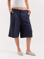 Load image into Gallery viewer, Denim Blue Pinstriped Trouser Shorts