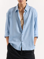 Load image into Gallery viewer, Dusty Blue Linen Cropped Shirt