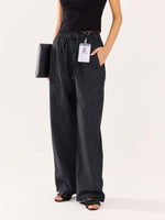 Load image into Gallery viewer, Black Pinstriped Poplin Pull-on Pants
