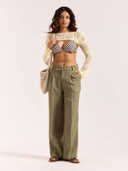 Sage Green Linen Baggy Fit Trousers