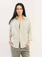 Load image into Gallery viewer, White & Olive Striped Poplin Shirt