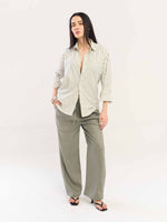 Load image into Gallery viewer, White & Olive Striped Poplin Shirt