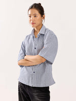 Load image into Gallery viewer, Blue Checkered Cropped Shirt