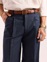 Load image into Gallery viewer, Navy Blue Pinstriped Linen Baggy Fit Trousers