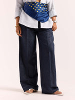 Load image into Gallery viewer, Navy Blue Pinstriped Linen Baggy Fit Trousers