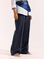 Load image into Gallery viewer, Navy Blue Pinstriped Linen Baggy Fit Trousers