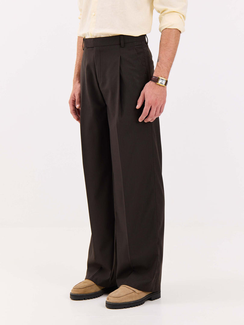 Dark Brown Pinstriped Baggy Fit Trousers