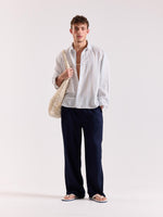 Load image into Gallery viewer, White & Blue Striped Linen Cropped Shirt