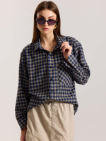 Load image into Gallery viewer, Dark Blue & Beige Checkered Oversized Cropped Shirt