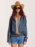 Load image into Gallery viewer, Blue & Grey Checkered Oversized Cropped Shirt