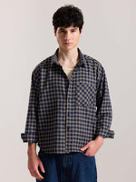 Load image into Gallery viewer, Dark Blue & Beige Checkered Oversized Cropped Shirt