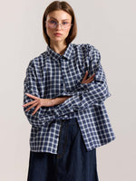 Load image into Gallery viewer, Navy Blue & White Checkered Oversized Cropped Shirt
