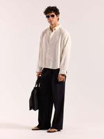 Load image into Gallery viewer, Cream Pinstriped Linen Cropped Shirt
