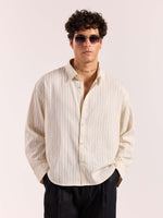 Load image into Gallery viewer, Cream Pinstriped Linen Cropped Shirt