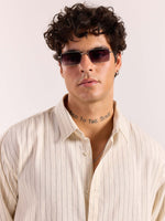 Load image into Gallery viewer, Cream Pinstriped Linen Cropped Shirt