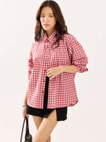 Load image into Gallery viewer, Red & White Checked Poplin Cropped Shirt