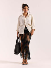 Cream Pinstriped Linen Cropped Shirt