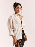 Load image into Gallery viewer, Cream Pinstriped Linen Cropped Shirt