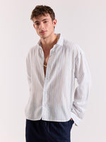 Load image into Gallery viewer, White & Blue Striped Linen Cropped Shirt