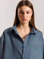 Load image into Gallery viewer, Teal Blue & Red Checkered Oversized Cropped Shirt