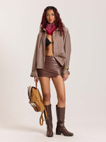 Load image into Gallery viewer, Beige & Maroon Checkered Oversized Cropped Shirt