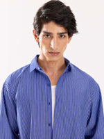 Load image into Gallery viewer, Dark Blue Striped Poplin Cropped Shirt
