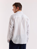 Load image into Gallery viewer, White & Blue Striped Linen Cropped Shirt