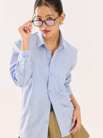 Load image into Gallery viewer, Baby Blue & Olive Striped Poplin Shirt