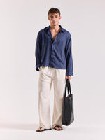 Load image into Gallery viewer, Blue Pinstriped Linen Cropped Shirt ( Pre-Order )