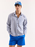 Load image into Gallery viewer, Grey & White Striped Seersucker Oversized Shirt