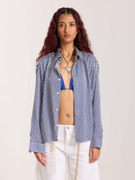 Load image into Gallery viewer, Blue Striped Satin Cropped Shirt