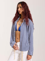 Load image into Gallery viewer, Blue Striped Satin Cropped Shirt