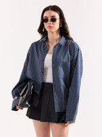 Load image into Gallery viewer, Dark Blue Pinstriped Poplin Oversized Shirt