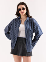 Load image into Gallery viewer, Dark Blue Pinstriped Poplin Oversized Shirt