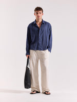 Load image into Gallery viewer, Blue Pinstriped Linen Cropped Shirt ( Pre-Order )
