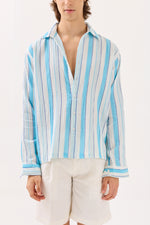 Load image into Gallery viewer, Sky Blue Striped Gauze Holiday Shirt