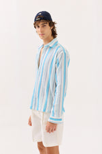Load image into Gallery viewer, Sky Blue Striped Gauze Holiday Shirt