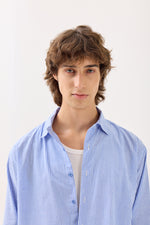 Load image into Gallery viewer, Blue & White Striped Seersucker Holiday Shirt